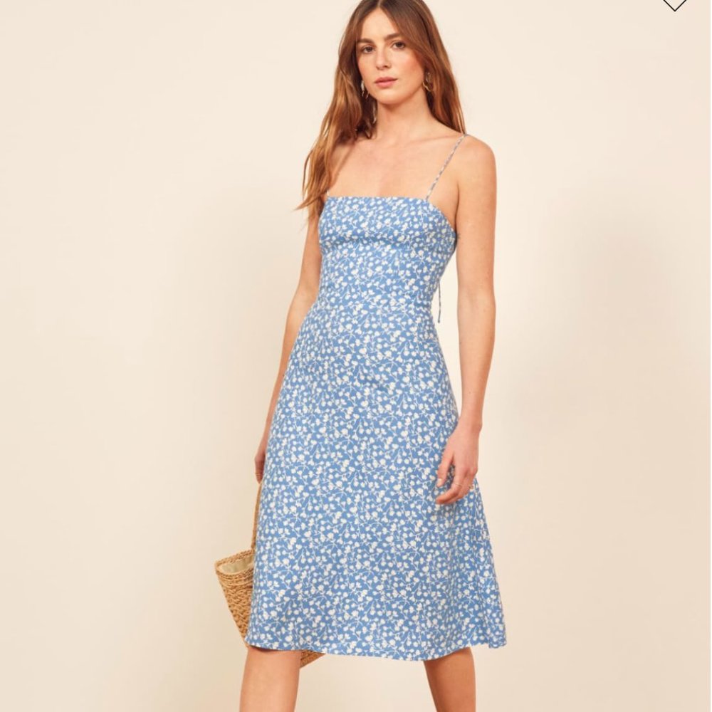 Reformation Peach Midi Dress in Blue Floral 0
